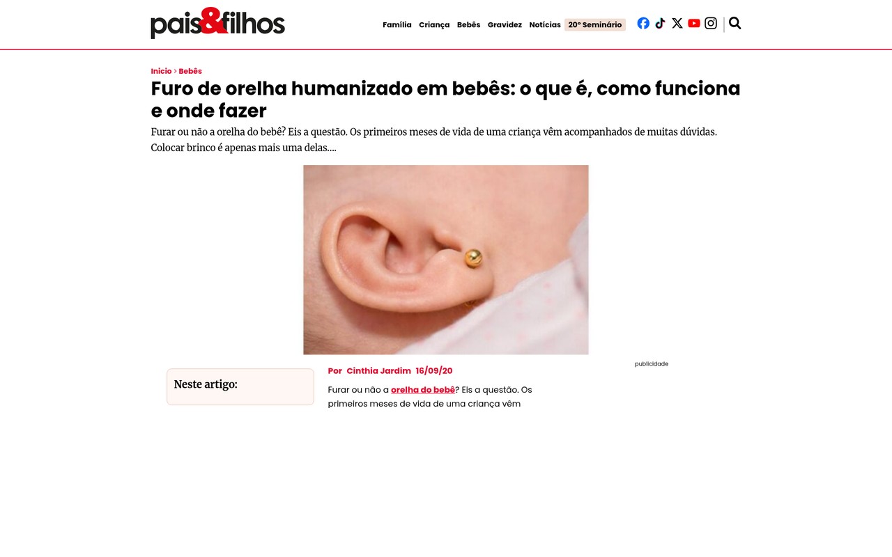 Matéria da Luquini Clinic no Pais & Filhos: Furo de orelha humanizado em bebês: o que é, como funciona e onde fazer