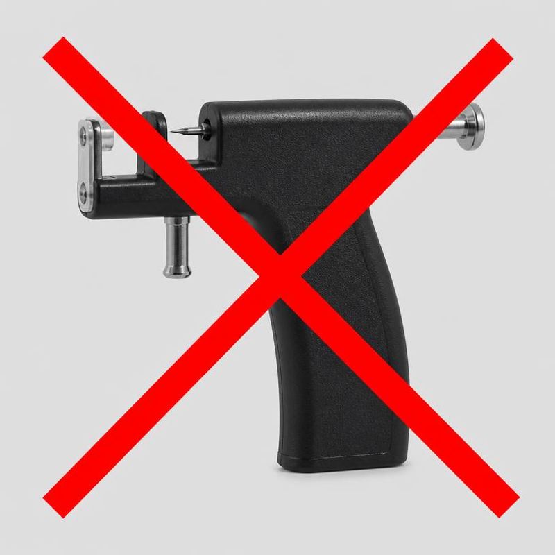 Pistola preta de furar orelha de farmácia marcada com um X vermelho, indicando técnica inadequada