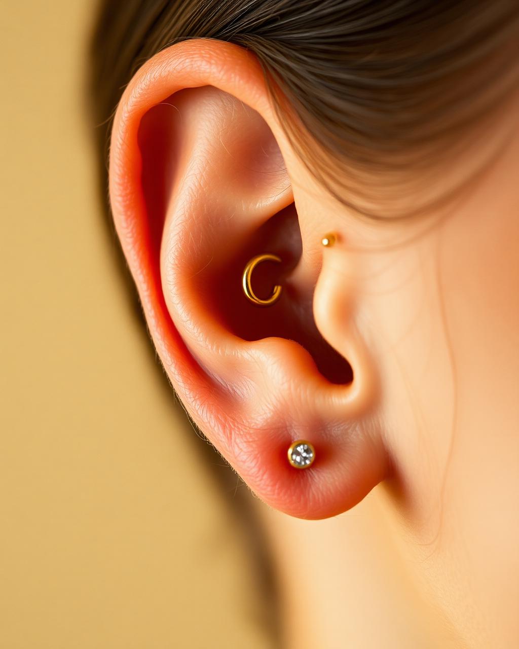 Composição auricular com piercing helix e tragus humanizado realizado pela Luquini Clinic no Rio de Janeiro