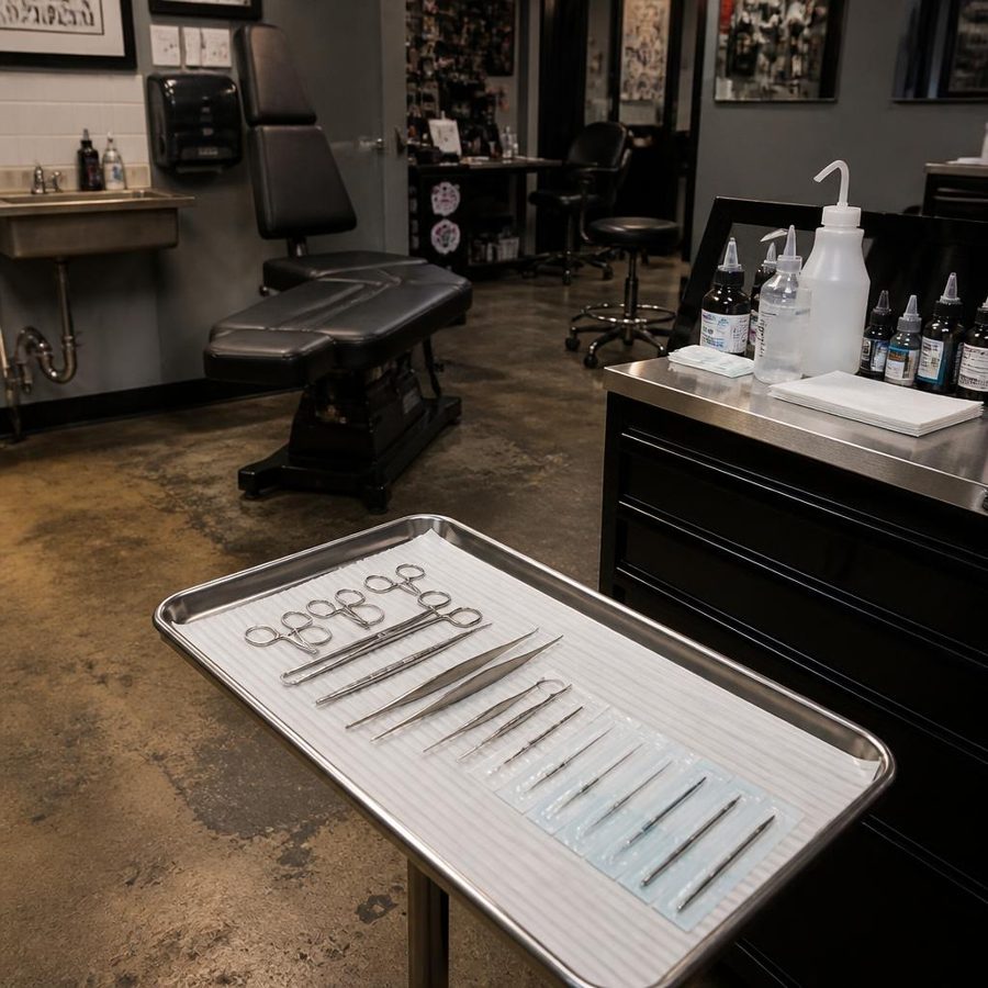 Estúdio de body piercer tradicional com maca, bancada multiuso e instrumentos de perfuração e tatuagem, ambiente sem abordagem clínica