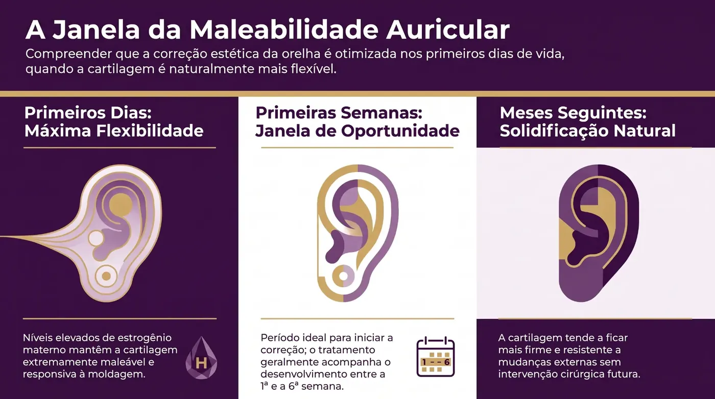 Infográfico da janela de maleabilidade da cartilagem: primeiros dias, primeiras semanas e meses seguintes na orelha de abano do bebê