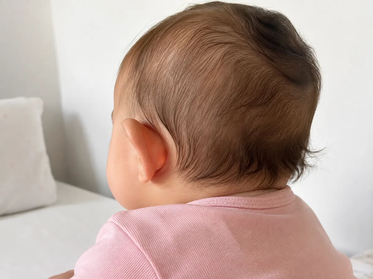 Close da lateral da cabeça de um bebê com a orelhinha em evidência, em avaliação para correção não cirúrgica de orelha de abano