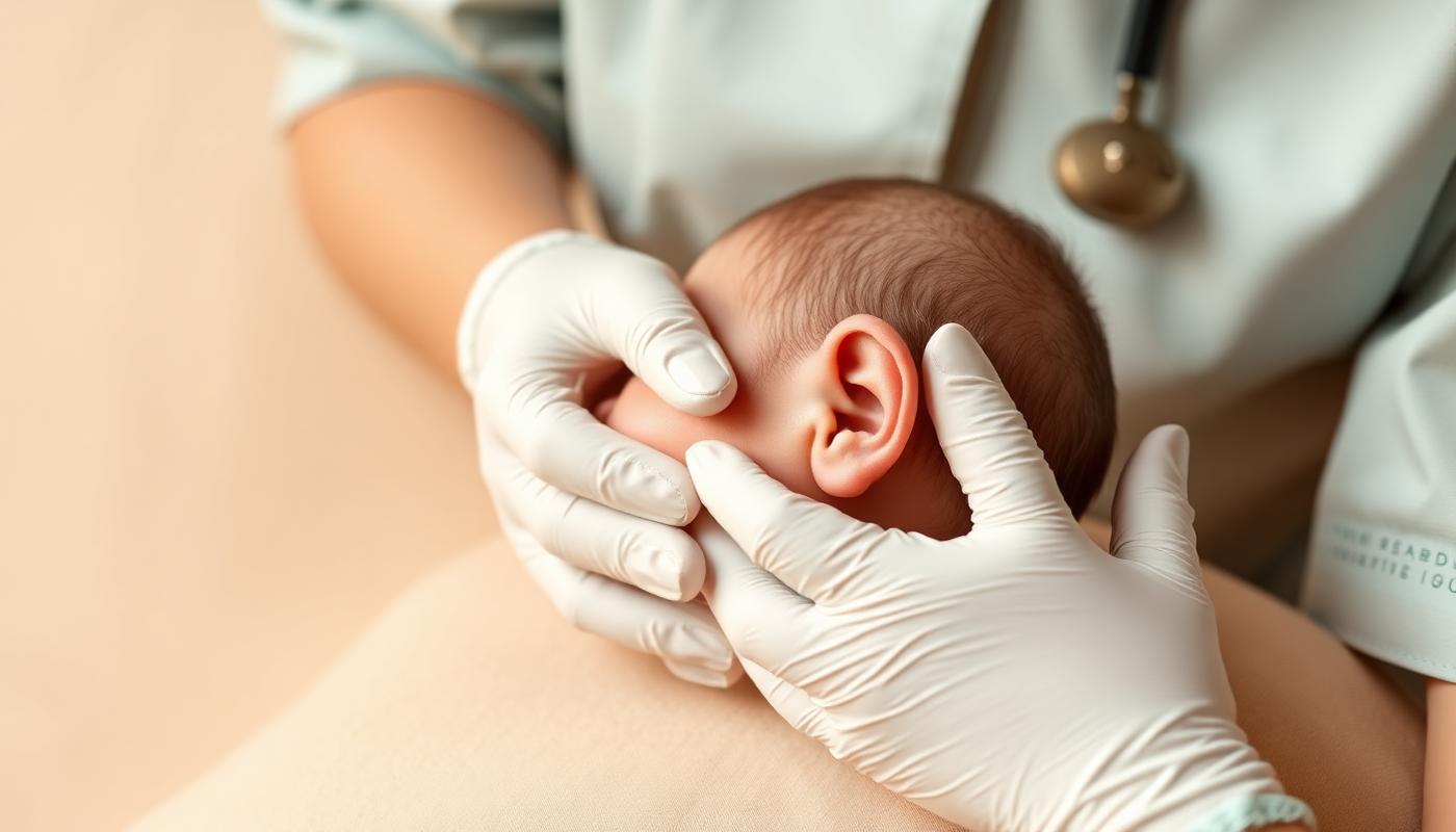 Enfermeira avaliando com delicadeza a orelhinha de um bebê durante a consulta Otobaby para orelha de abano em bebê