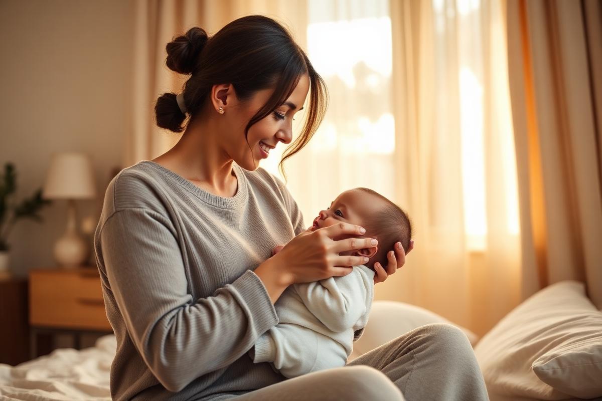 Mãe cuidando com delicadeza do bebê em casa durante o tratamento Otobaby para orelha de abano